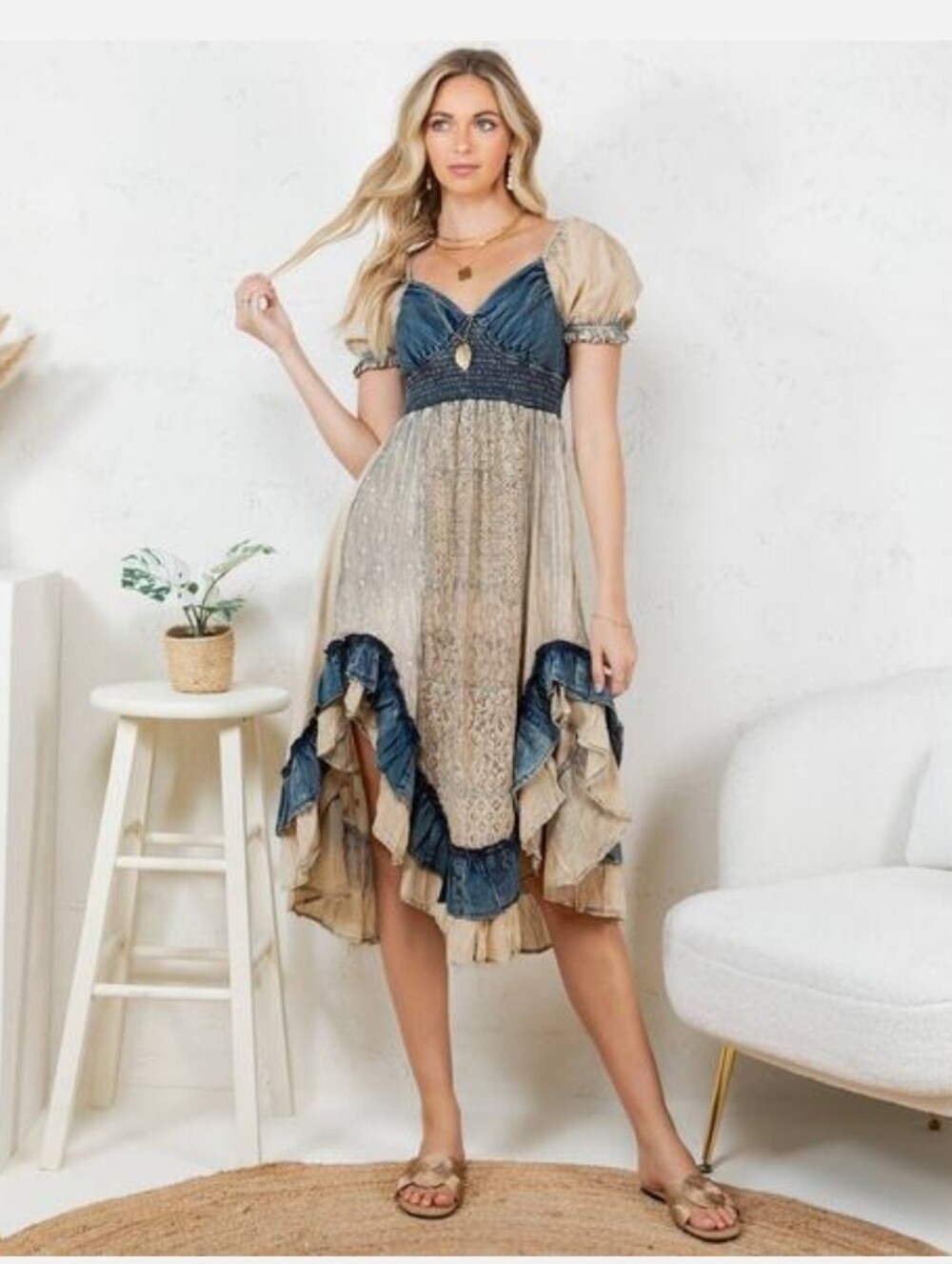 Young Threads"Peasant" Ruffled Hem Midi Dress Latte and Denim Size Small